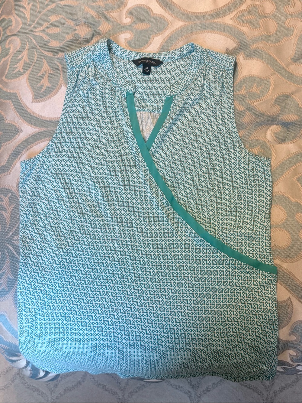 Banana Republic Teal Geometric Faux Wrap Sleeveless Top